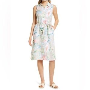 Tommy Bahama Maya Meadow Linen Tropical Floral Sleeveless Midi Shirt Dress Large